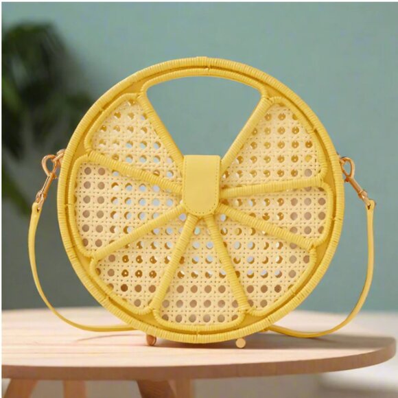 Kate Spade Lemon Drop Rattan Top-Handle Yellow Leather Crossbody Bag - Picture 1 of 11